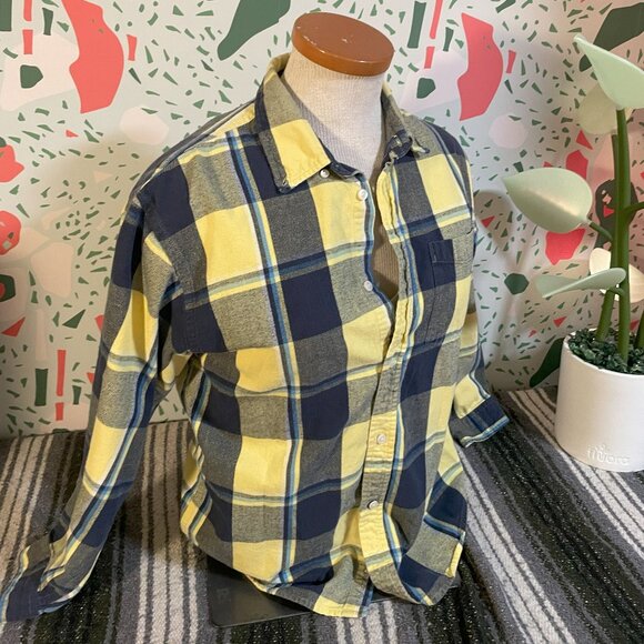 Gap 100% Cotton Navy/Yellow Plaid Flannel - XXL (14-16) - Picture 1 of 3